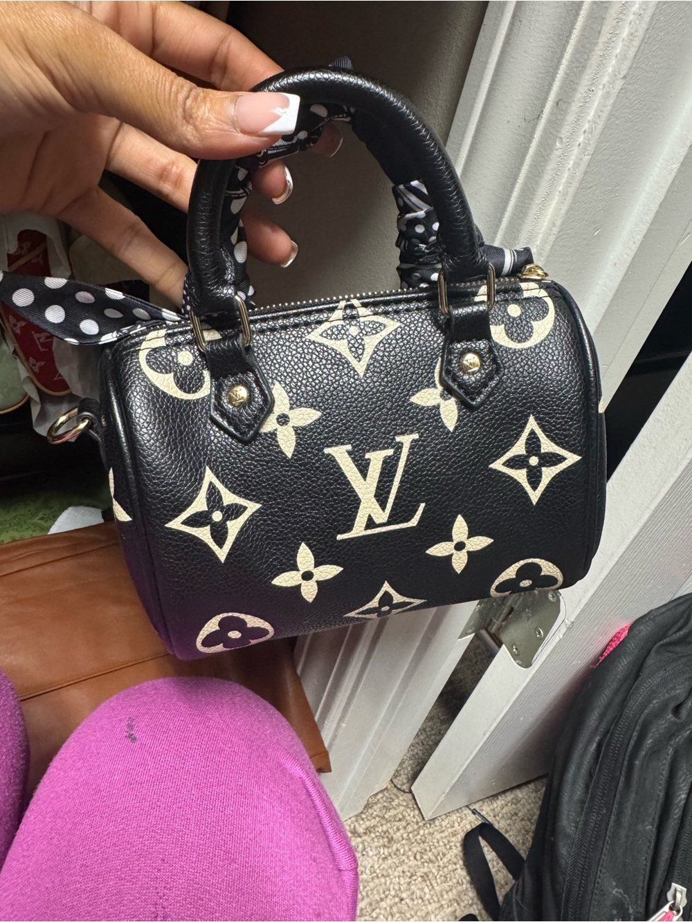 SHEIN Black Mini Monogram Satchel with Cream Accents